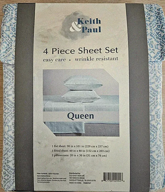 4 Piece Queen Size Bed Sheet Set with Light Blue & White Pattern Soft Polyester