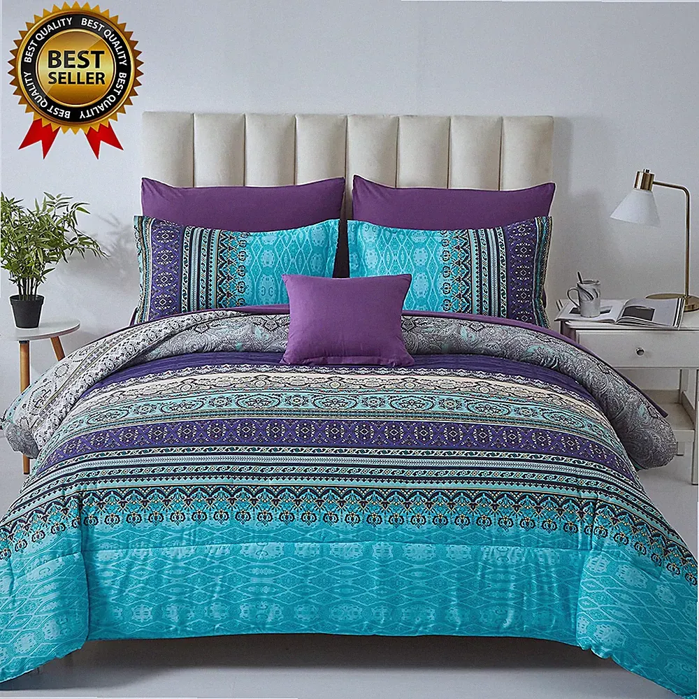 Boho Comforter Set Queen Size 8 Piece Bed in a Bag Bohemian Striped Bedding Quil