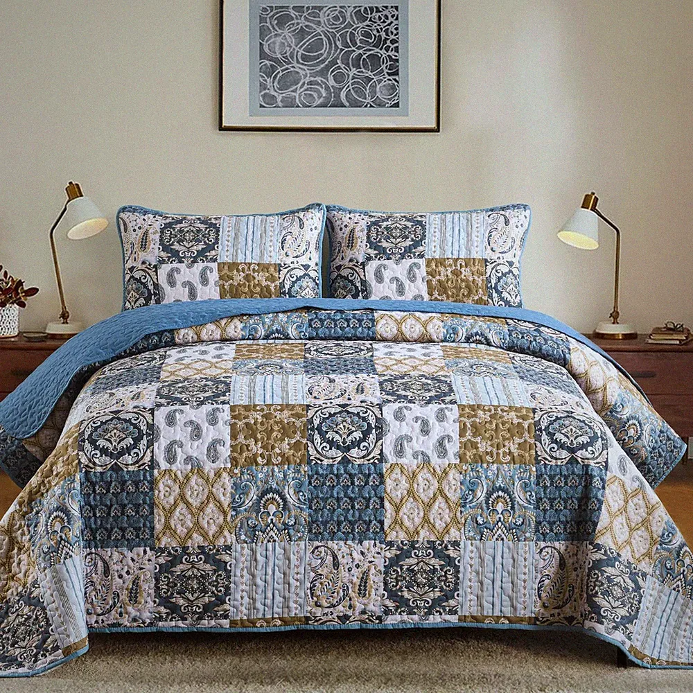 Boho Quilt Set Queen Size, Blue Patchwork Plaid Bedspread Bedding Sets Paisle...