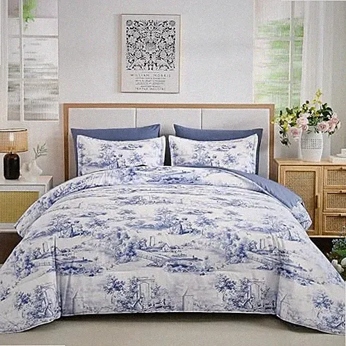 Comforter Set, 7 Pieces Bed in a Bag French Toile Comforter with Queen Blue