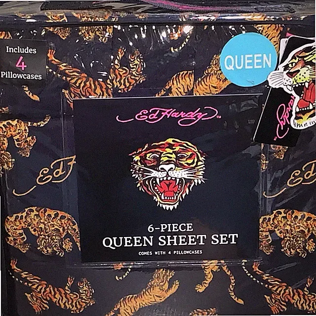 Ed Hardy Black with Crouching Tigers Print 6pc QUEEN Sheet Set w/4 Pillowcases