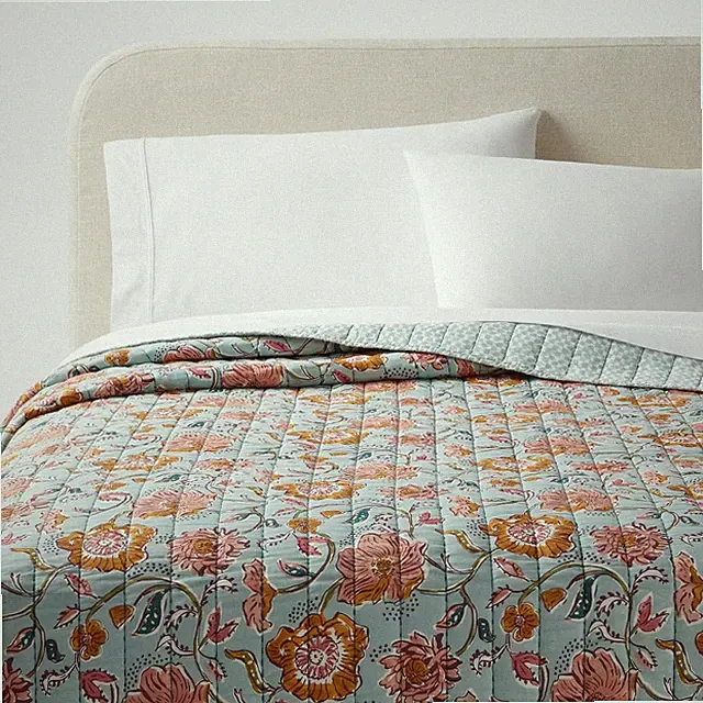 Full/Queen Earthy Vines Quilt Light Teal Blue/Mustard Yellow/Light Pink Floral