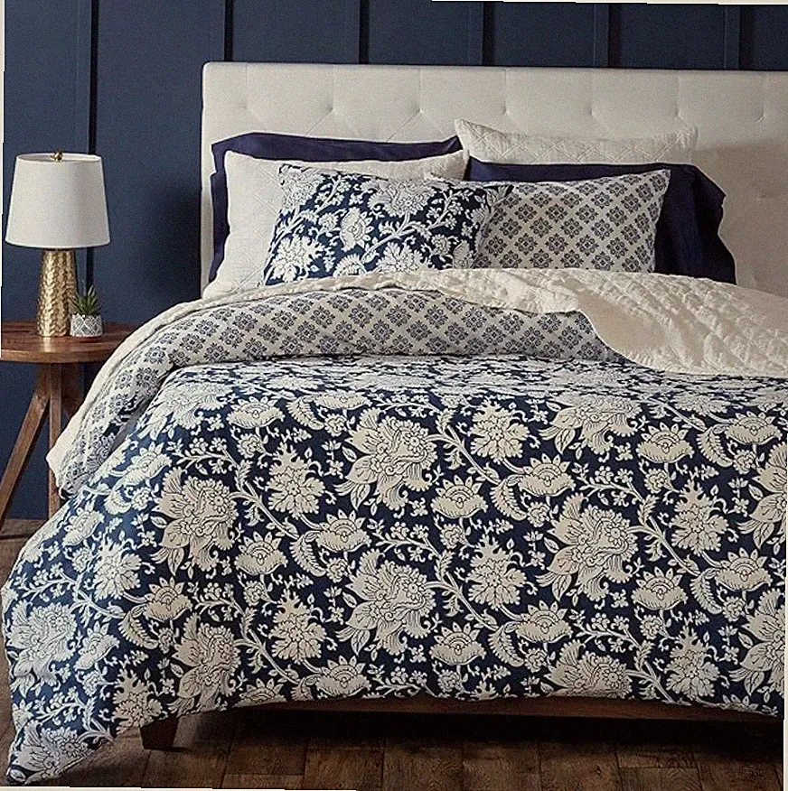 Martha Stewart Queen 3pc Duvet Set 1 Duvet Cover 2 Shams Navy/Blue 100% Cotton