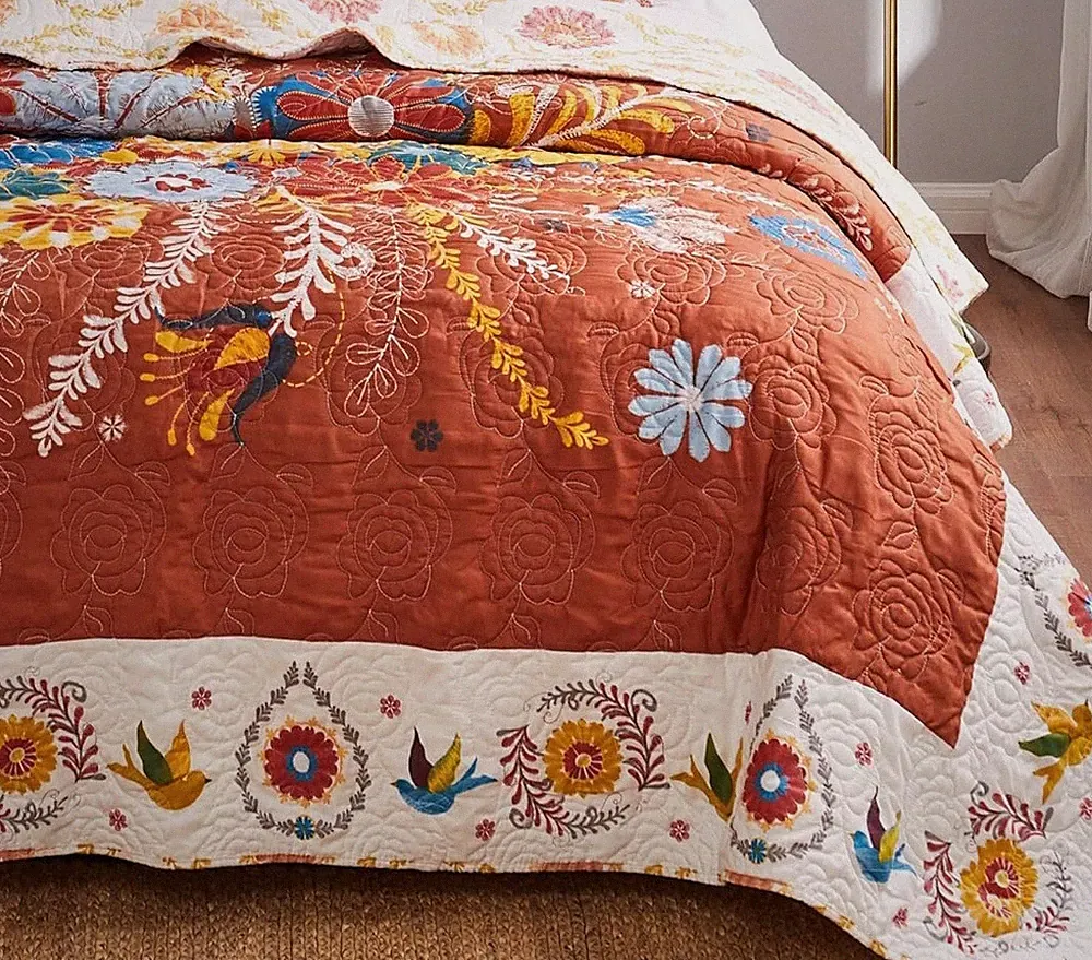ORANGE BOHO 3pc Queen QUILT SET : REVERSIBLE RETRO RUST TOPANGA FLORAL BIRDS