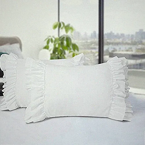 Pack of 2 Chic Ruffle Pillow Shams, Queen Size White French Country Style