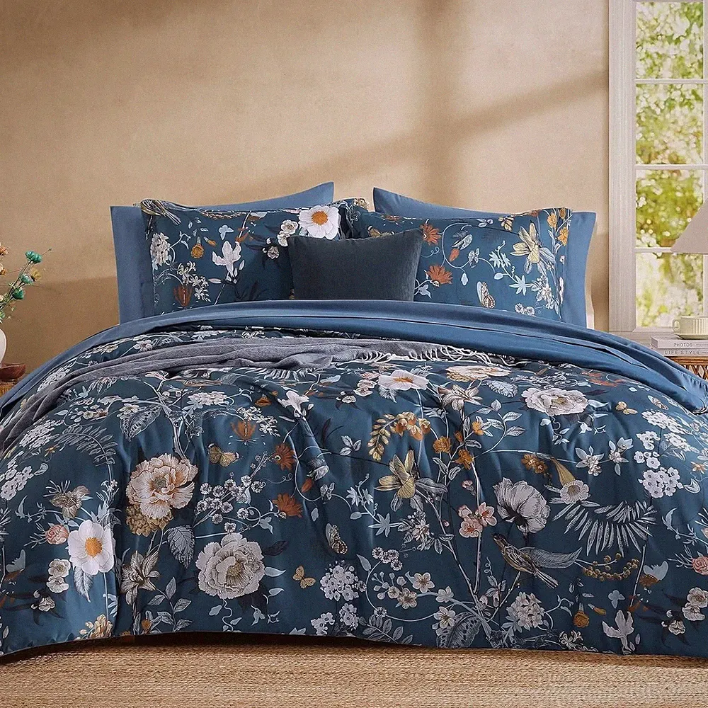 Queen Comforter Set - 7 Pieces Blue Floral Bedding Sets, Queen Bed in a Bag