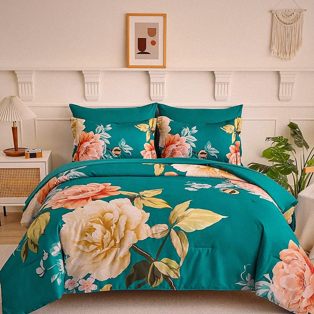 Queen Floral Comforter Set 7 Piece Teal Blue Bedding Bed in a Bag 90x90