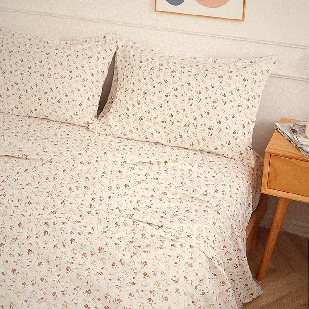 Queen Sheet Set 4 PCS - Floral Pattern Sheets with 17" Deep Pocket, Soft Luxu