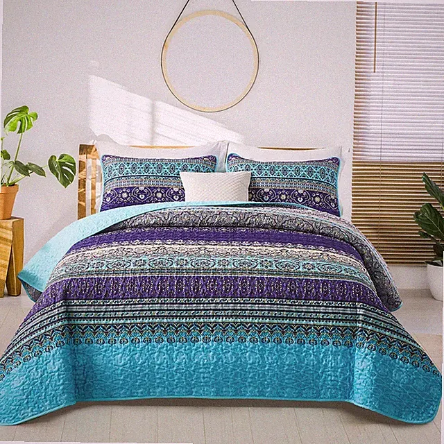 WONGS BEDDING Boho Queen Quilt Set, Blue Purple Bohemian Queen Quilt Bedding...